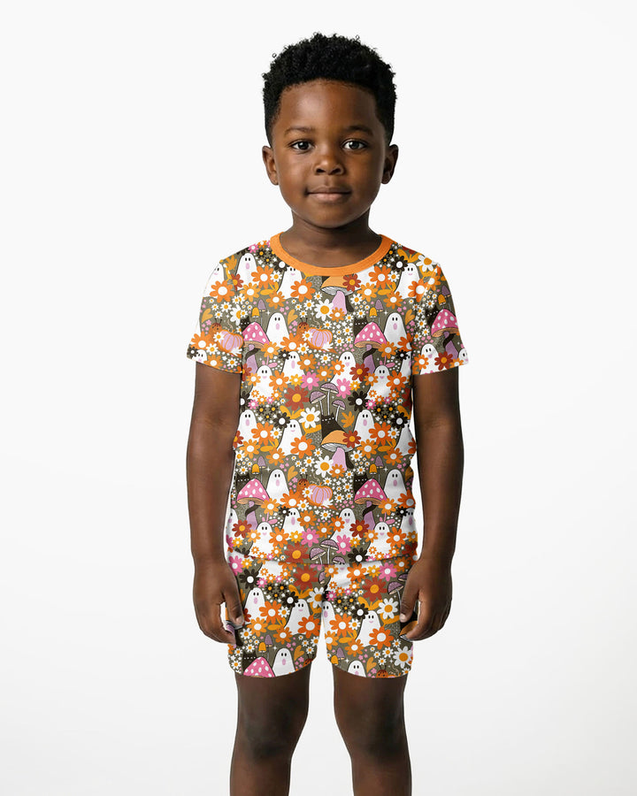 Retro Ghost Mushroom Floral Halloween Bamboo Two Piece Short Sleeve Shorts Pajama Set