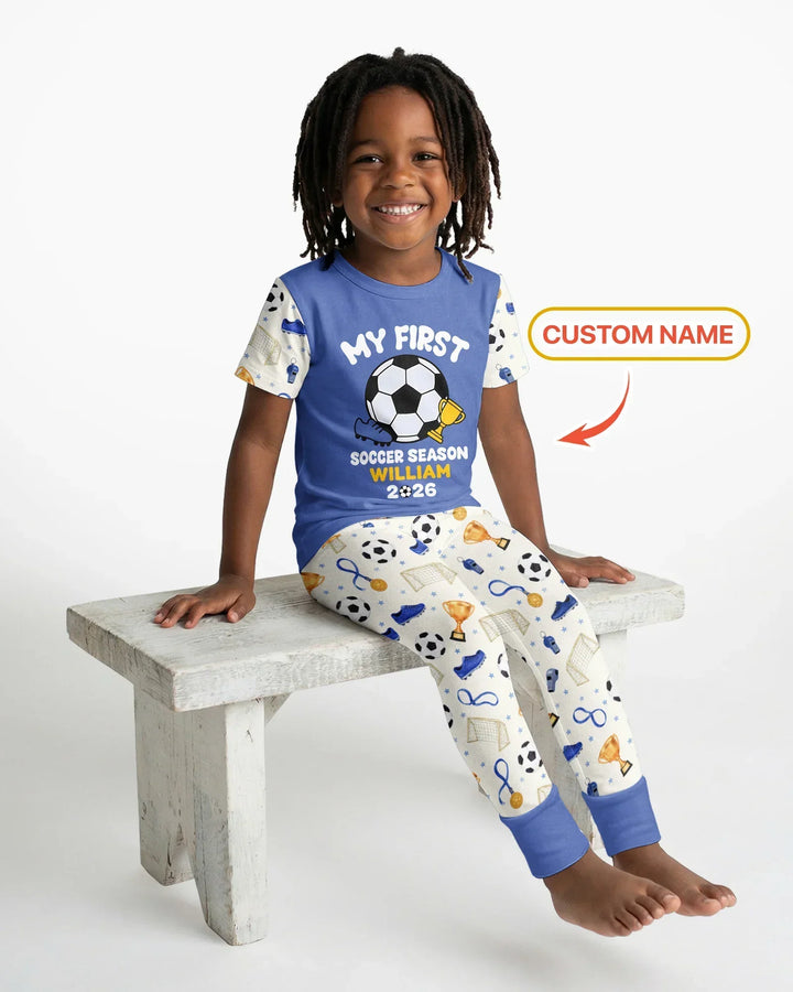 Custom Name My First Soccer Season Bamboo Two Piece Short Sleeve Pajama Set
