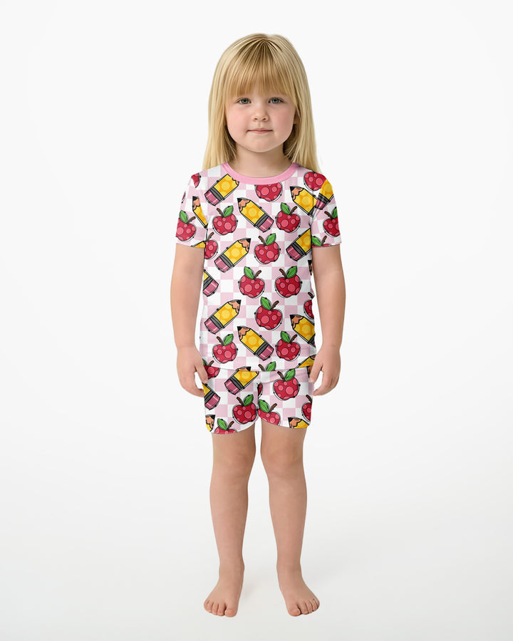 Checkered Apple Scribbles Bamboo Two Piece Short Sleeve Shorts Pajama Set