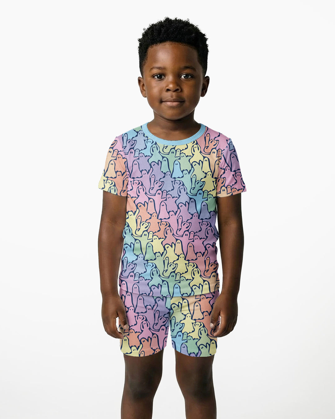 Pastel Rainbow Ghost Halloween Bamboo Two Piece Short Sleeve Shorts Pajama Set