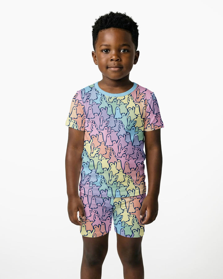 Pastel Rainbow Ghost Halloween Bamboo Two Piece Short Sleeve Shorts Pajama Set