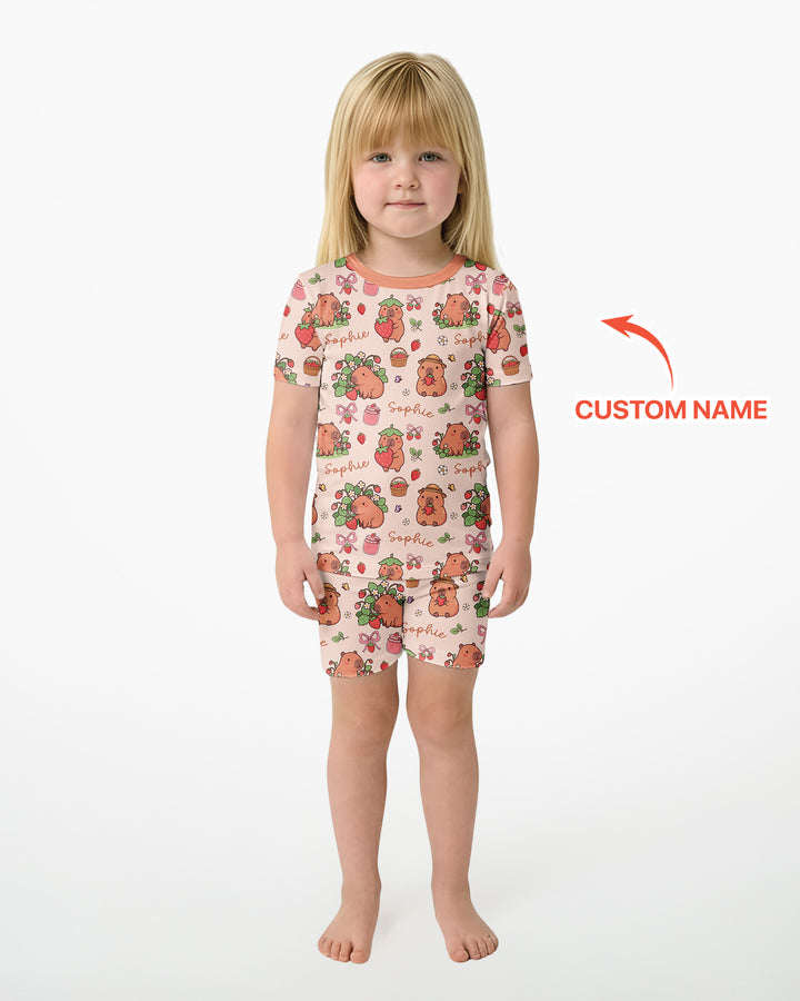 Custom Name Capybara Strawberry Bamboo Two Piece Short Sleeve Shorts Pajama Set