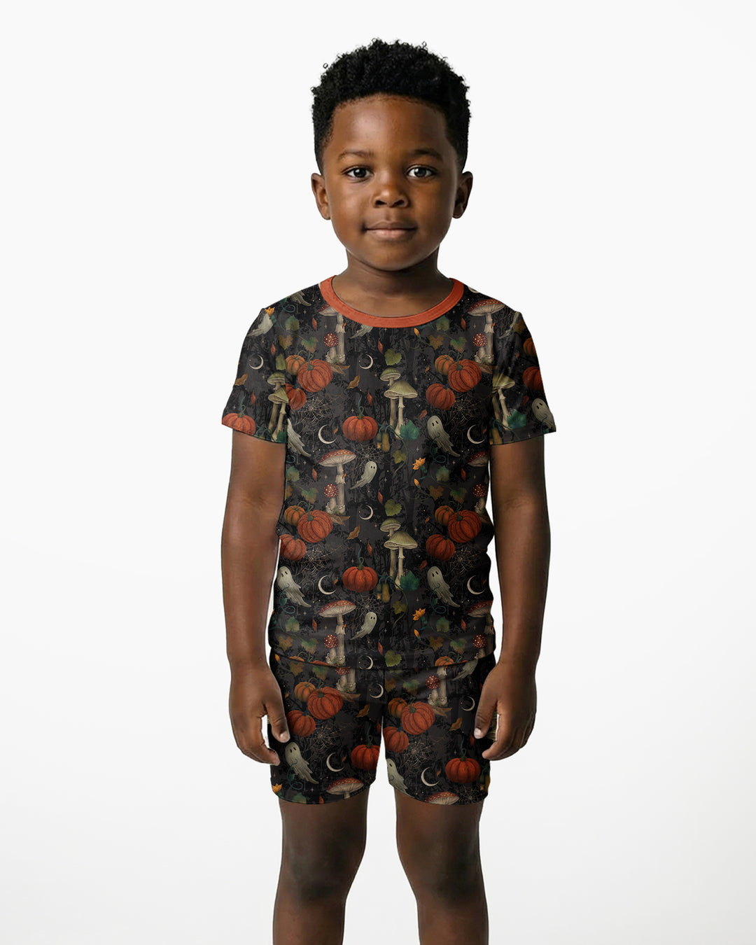 Spooky Cute Ghost Pumpkin Mushroom Halloween Bamboo Two Piece Short Sleeve Shorts Pajama Set