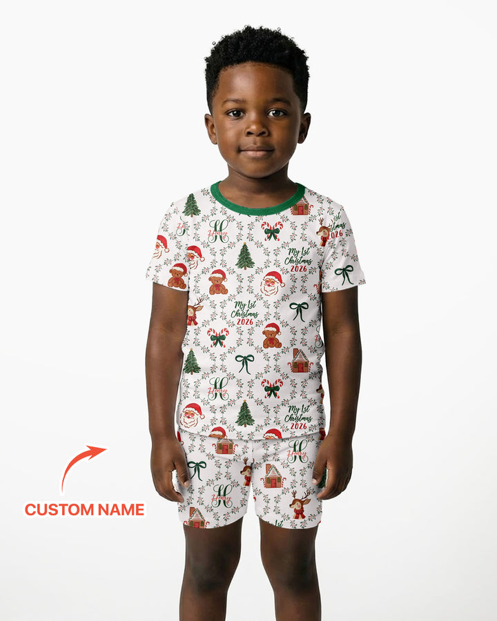 Custom name "Fancy Monogram Green Christmas 2026" Bamboo Two Piece Short Sleeve Shorts Pajama Set