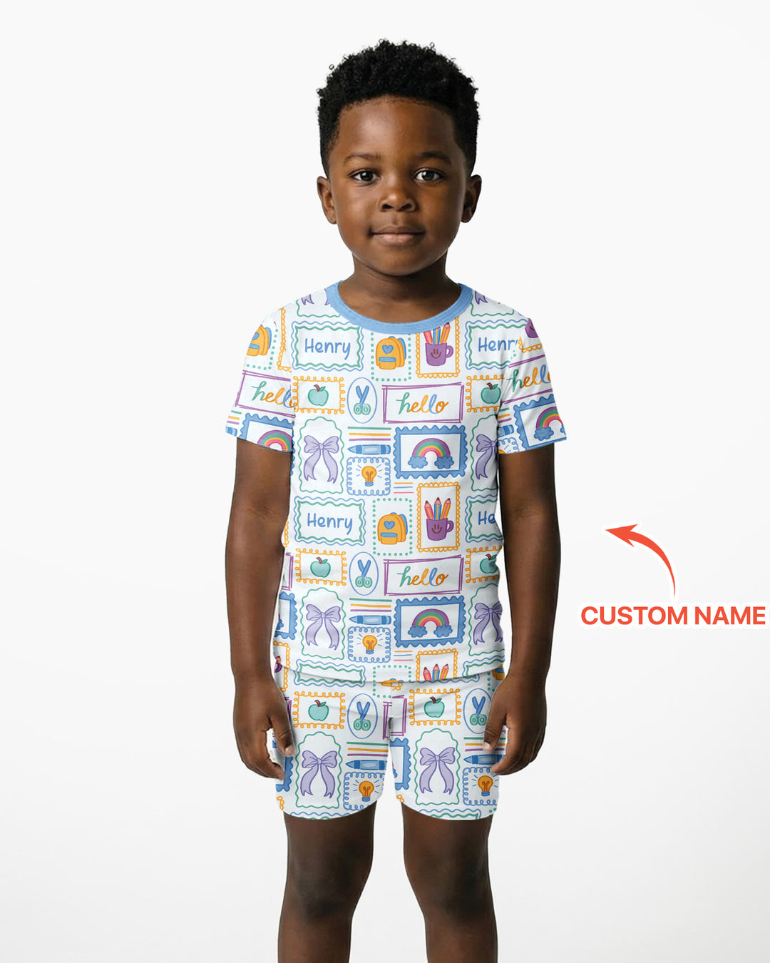 Custom Name Hello School Bamboo Two Piece Short Sleeve Shorts Pajama Set