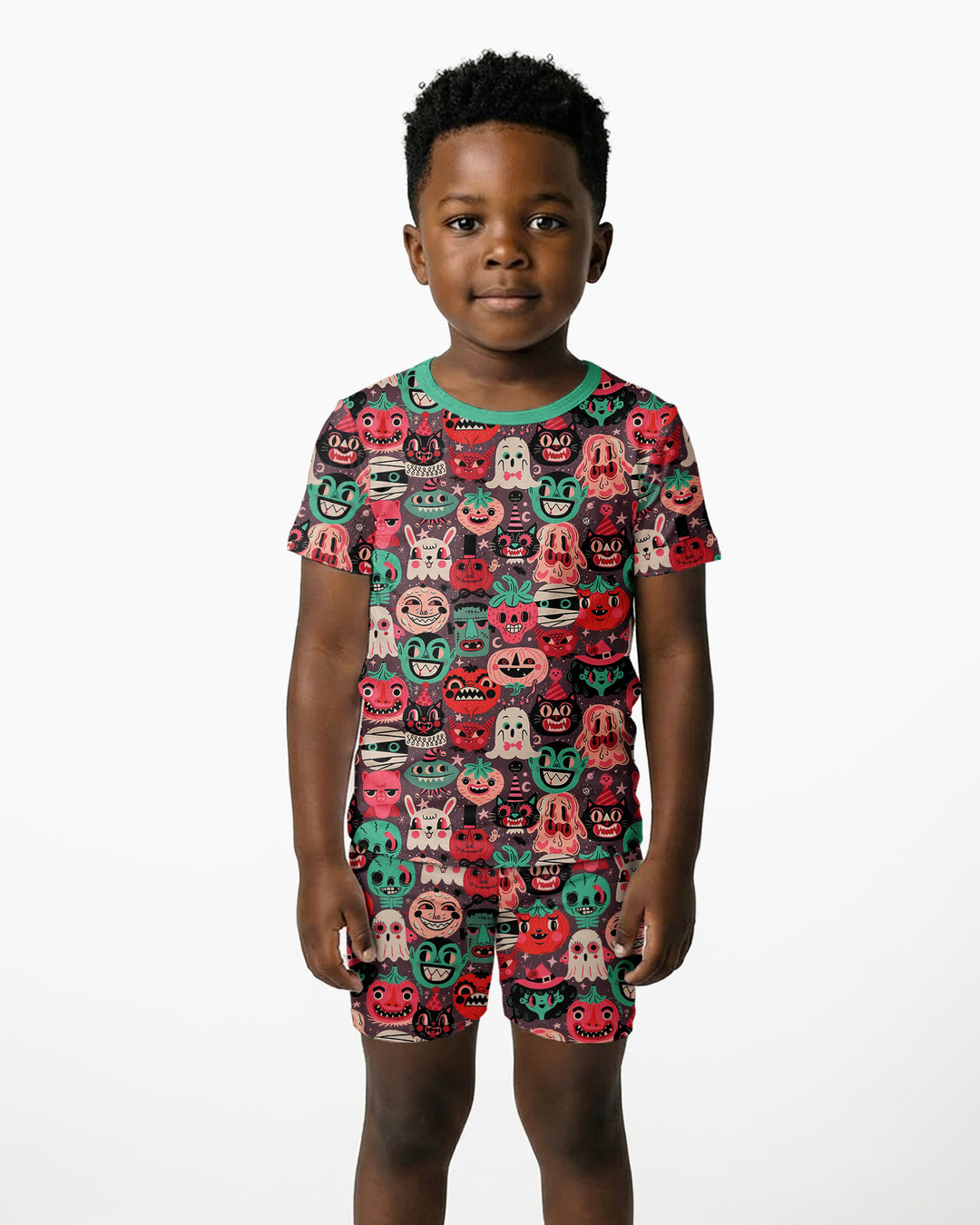 Retro Halloween Monsters Ghost Pumpkin Mummy Bamboo Two Piece Short Sleeve Shorts Pajama Set