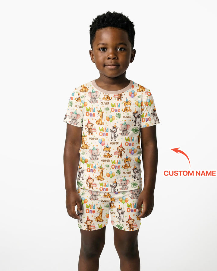 Custom Name 1st Birthday Wild One Bamboo Two Piece Short Sleeve Shorts Pajama Set