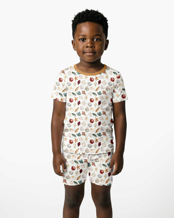 Watercolor Christmas Ornaments Bamboo Two Piece Short Sleeve Shorts Pajama Set