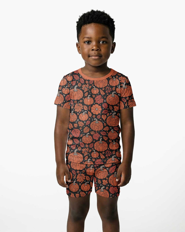 Retro Halloween Pumpkins Bamboo Two Piece Short Sleeve Shorts Pajama Set