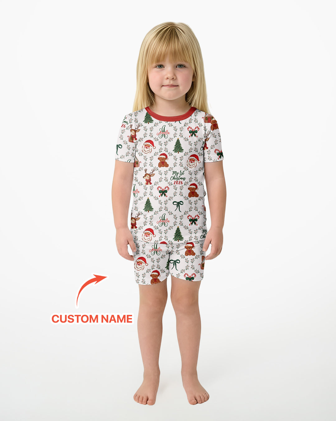 Custom name "Fancy Monogram Red Christmas 2026" Bamboo Two Piece Short Sleeve Shorts Pajama Set