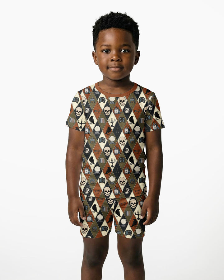 Retro Gothic Halloween Patchwork Bamboo Two Piece Short Sleeve Shorts Pajama Set