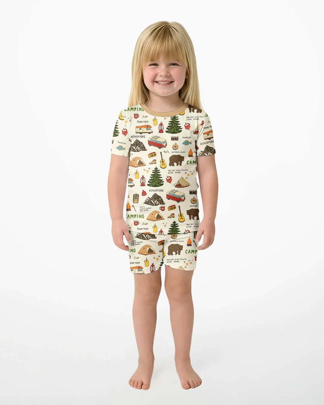 Outdoor Camping Adventure Family Matching Bamboo Two Piece Short Sleeve Shorts Pajama Set