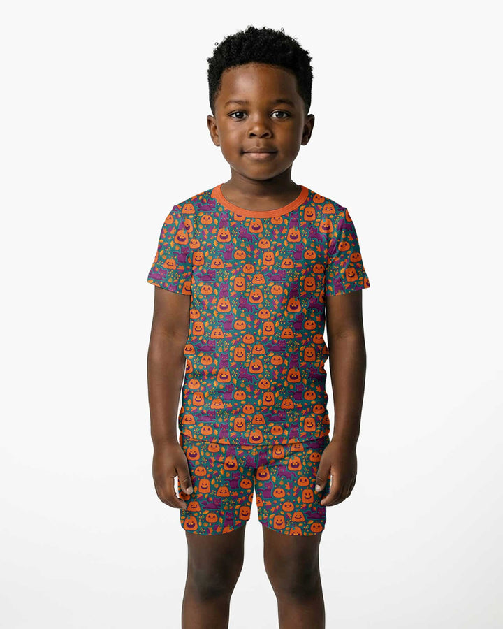 Cats and Pumpkins Bamboo Two Piece Short Sleeve Shorts Pajama Set