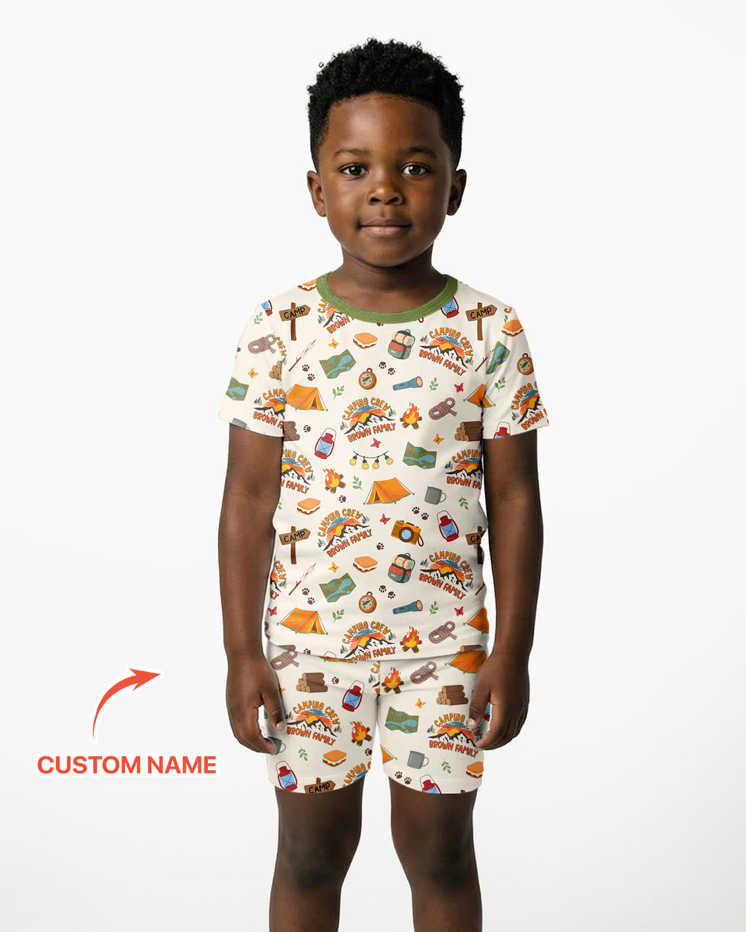 Custom Name Camping Crew Family Matching Bamboo Two Piece Short Sleeve Shorts Pajama Set