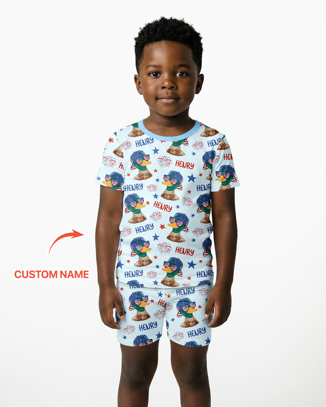 Custom Name Patriotic Mallard Duck Bamboo Two Piece Short Sleeve Shorts Pajama Set