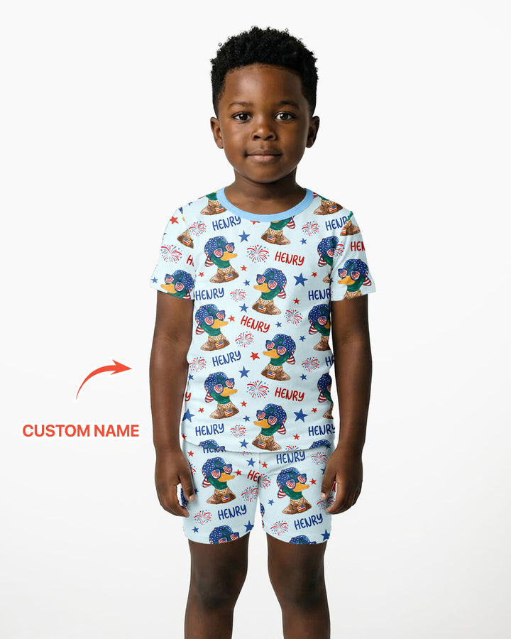 Custom Name Patriotic Mallard Duck Bamboo Two Piece Short Sleeve Shorts Pajama Set