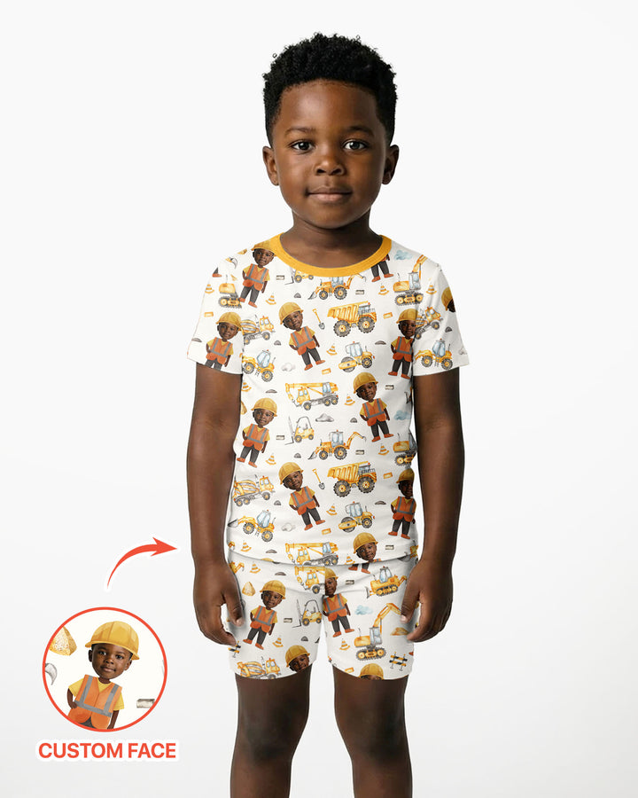 Custom Photo Little Builder Bamboo Two Piece Short Sleeve Shorts Pajama Set