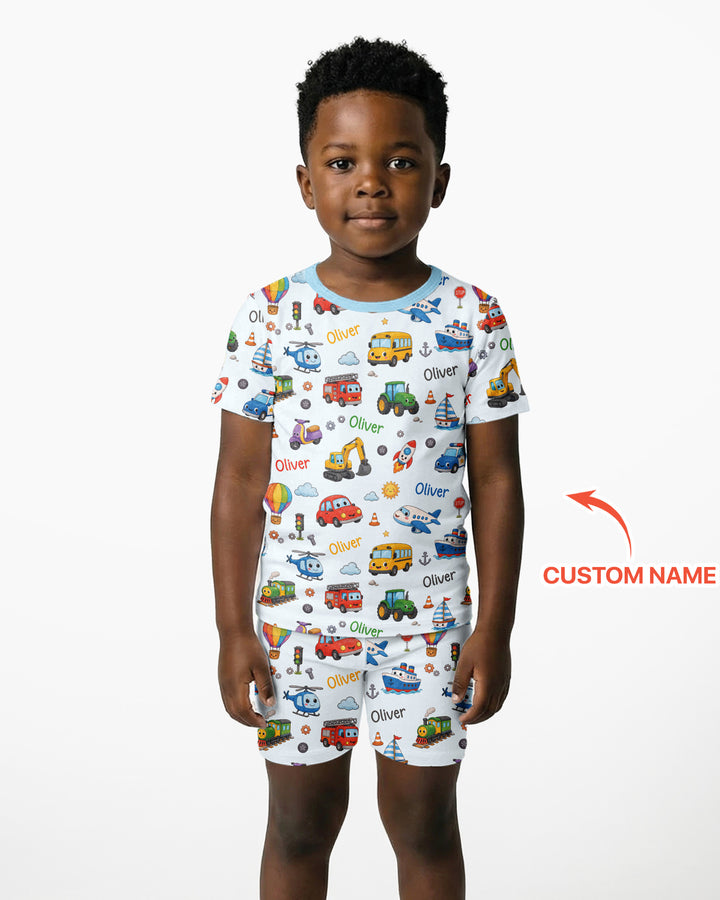 Custom Name Cute Transport Bamboo Two Piece Short Sleeve Shorts Pajama Set