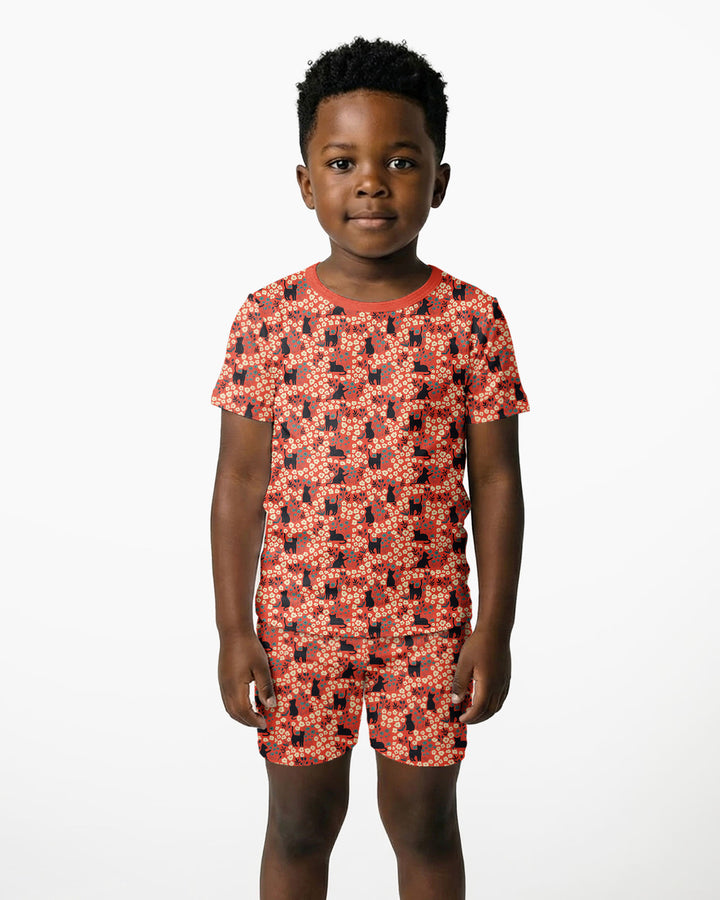 Black Cat Ditsy Bamboo Two Piece Short Sleeve Shorts Pajama Set