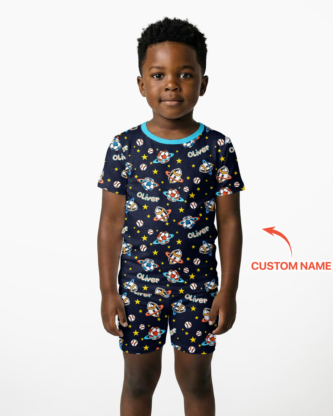 Custom Name Space Sport Bamboo Two Piece Short Sleeve Shorts Pajama Set