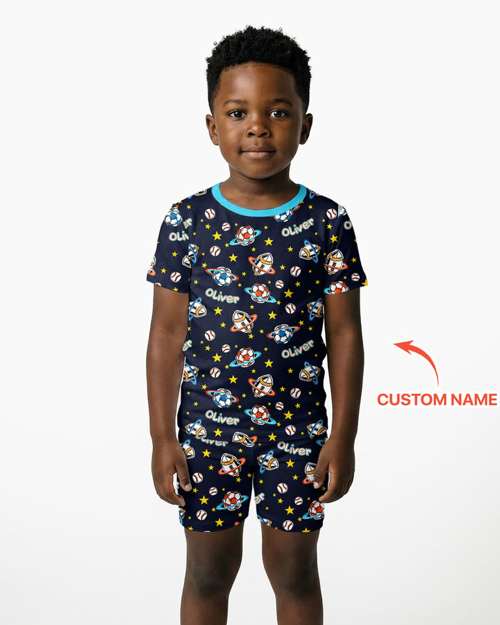 Custom Name Space Sport Bamboo Two Piece Short Sleeve Shorts Pajama Set