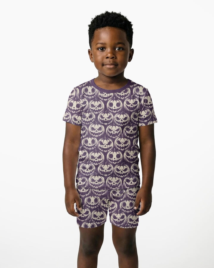 Retro Halloween Jack-O-Lantern Spooky Faces Bamboo Two Piece Short Sleeve Shorts Pajama Set