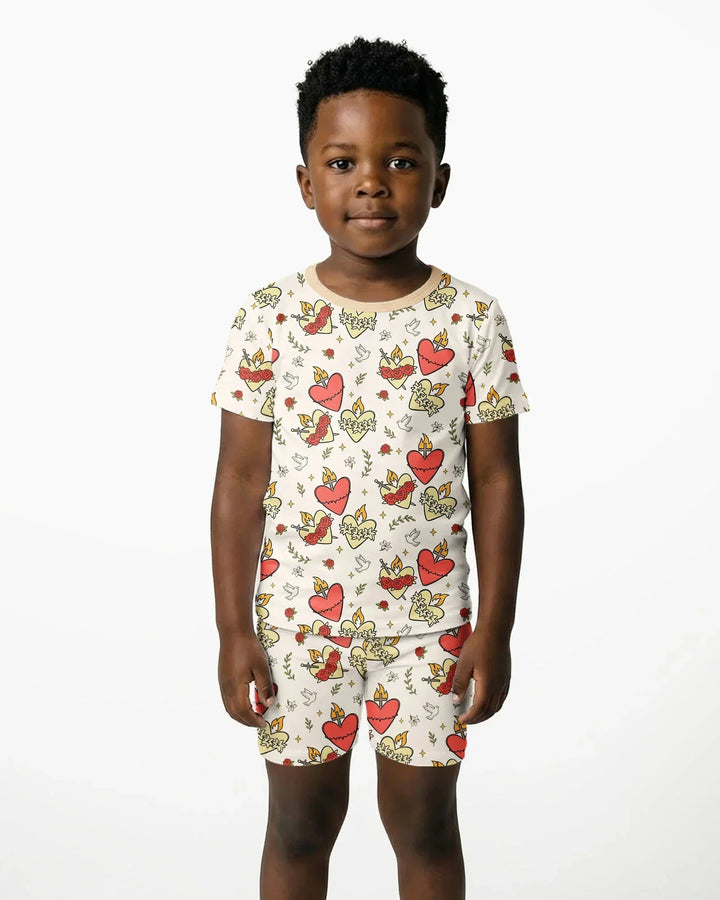 Three Sacred Hearts Bamboo Two Piece Short Sleeve Shorts Pajama Set