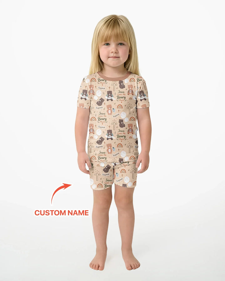 Custom Name Jesus Loves Me Beary Much Bamboo Two Piece Short Sleeve Shorts Pajama Set