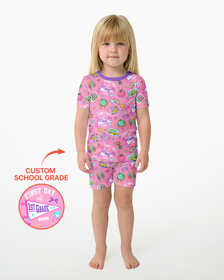 Custom Grade Girls School First Day Bamboo Two Piece Short Sleeve Shorts Pajama Set