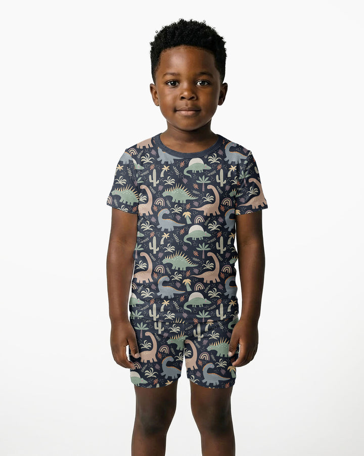 Navy Jurassic Jungle Bamboo Two Piece Short Sleeve Shorts Pyjamas Set