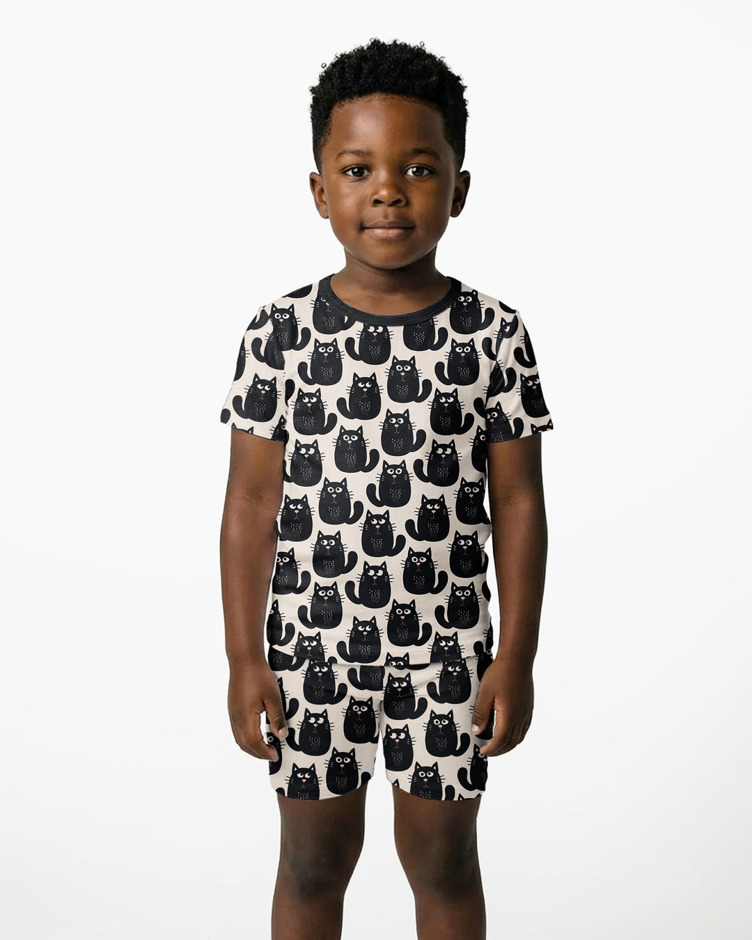 Moody Black Cats in Black and White Bamboo Two Piece Short Sleeve Shorts Pajama Set