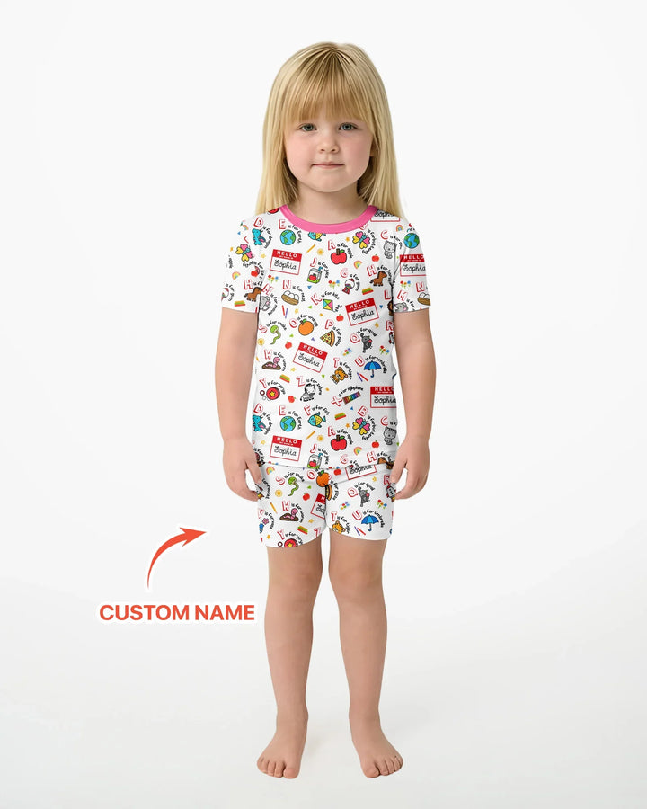 Custom Name Hello School ABCs Bamboo Two Piece Short Sleeve Shorts Pajama Set