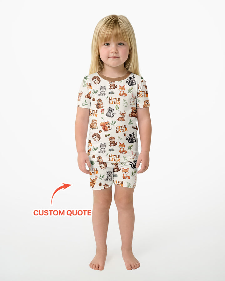 Custom Quote Woodland Animal Matching Sibling Bamboo Two Piece Short Sleeve Shorts Pajama Set