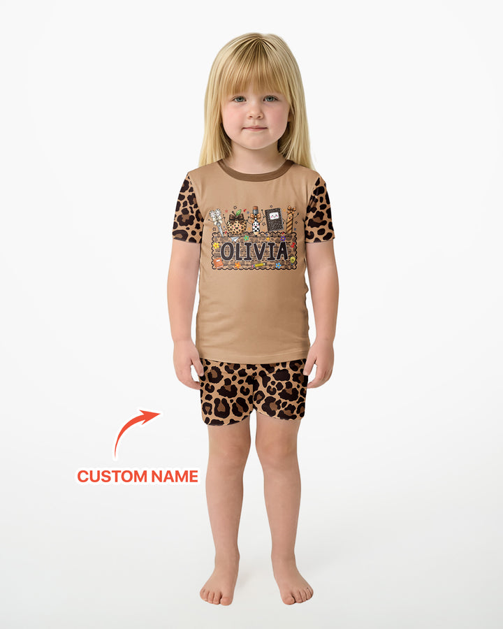 Custom Name School Sweetheart Leopard Bamboo Two Piece Short Sleeve Shorts Pajama Set