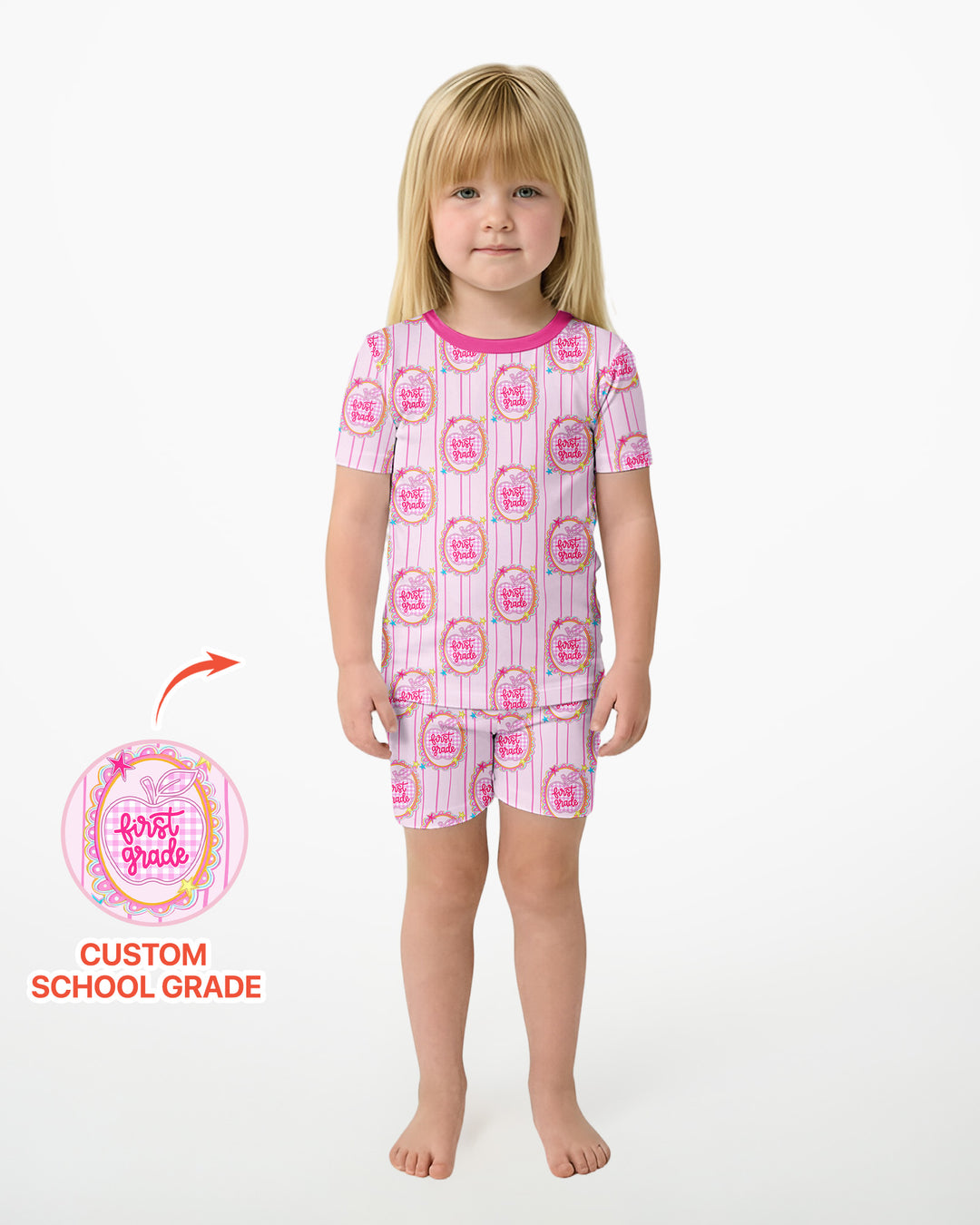 Custom Grade School Sweetie Bamboo Two Piece Short Sleeve Shorts Pajama Set