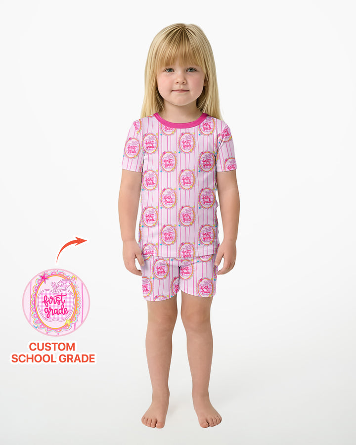 Custom Grade School Sweetie Bamboo Two Piece Short Sleeve Shorts Pajama Set
