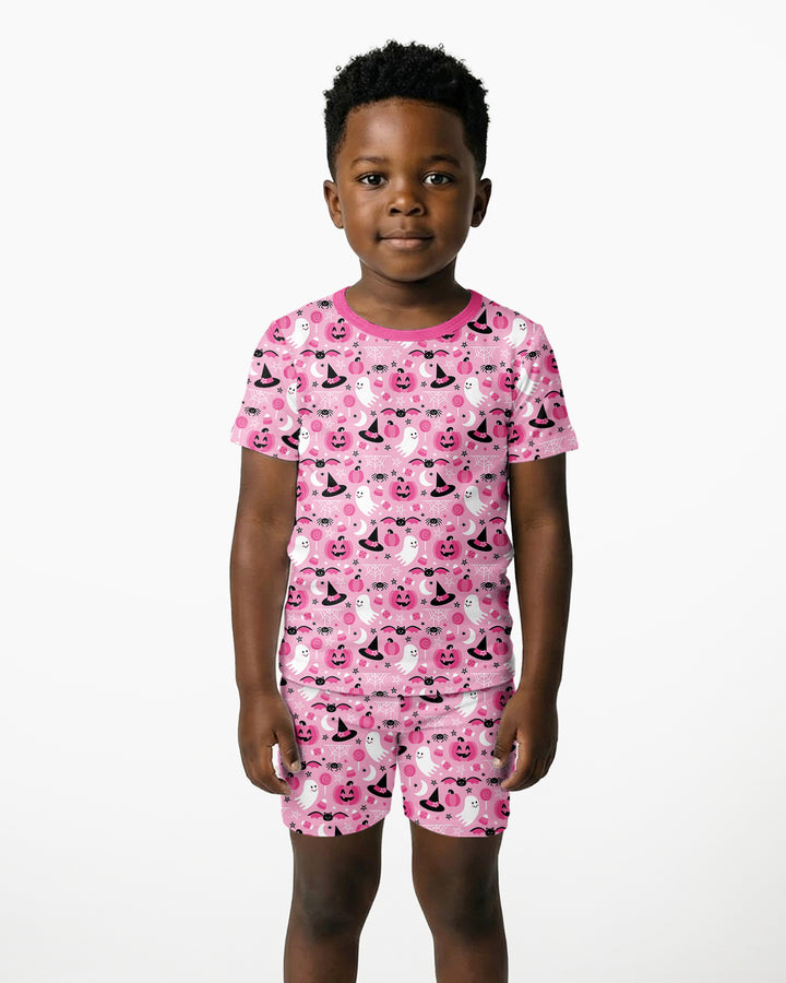Cute Pink Halloween Ghost Pumpkin Witch Bamboo Two Piece Short Sleeve Shorts Pajama Set