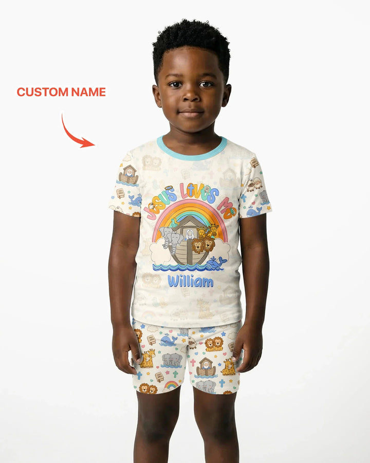 Custom Name Noah's Ark Jesus Loves Me Bamboo Two Piece Short Sleeve Shorts Pajama Set