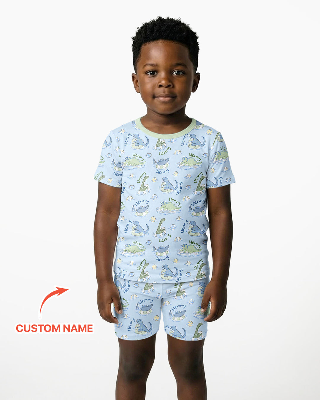Dinos Swimming Custom Name Bamboo Two Piece Short Sleeve Shorts Pajama Set