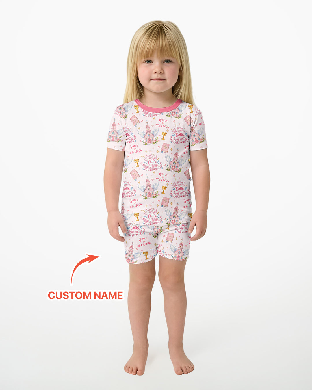 Custom Name Baptism Christening Straight Outta Holy Water Bamboo Two Piece Short Sleeve Shorts Pajama Set