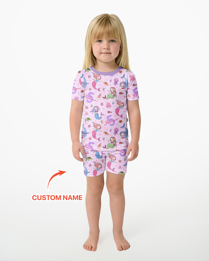 Custom Name Birthday Mermaid Bamboo Two Piece Short Sleeve Shorts Pajama Set