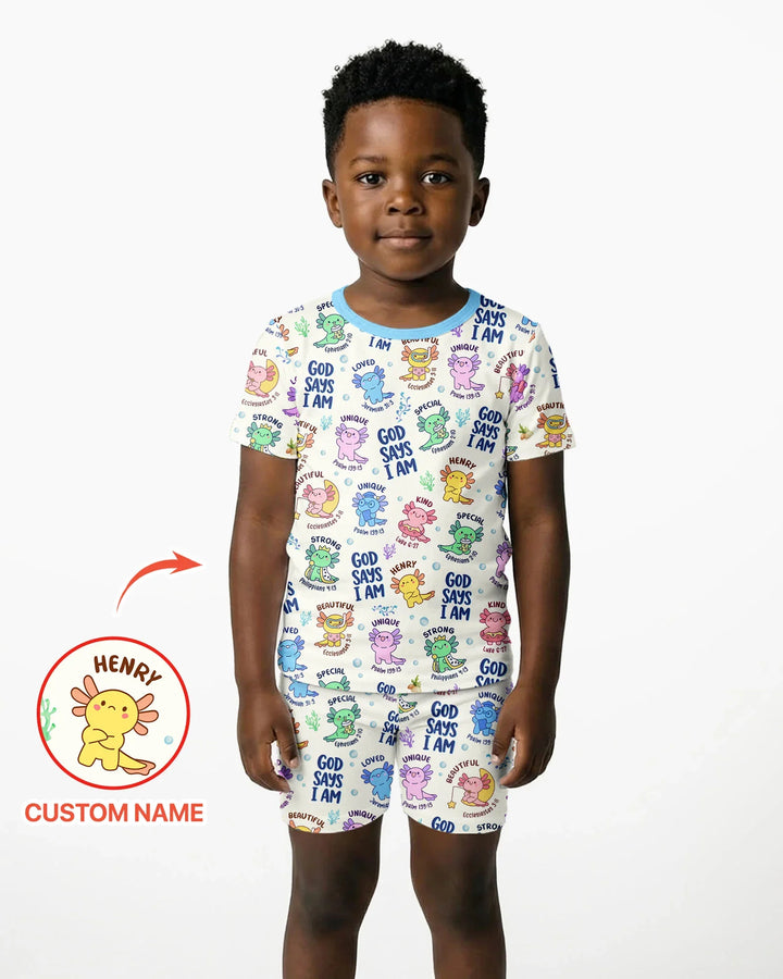 Axolotl God Says I Am Custom Name Bamboo Two Piece Short Sleeve Shorts Pajama Set