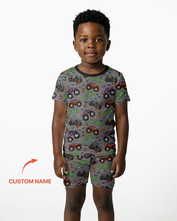 Custom Name Haunted Monster Trucks  Bamboo Two Piece Short Sleeve Shorts Pajama Set