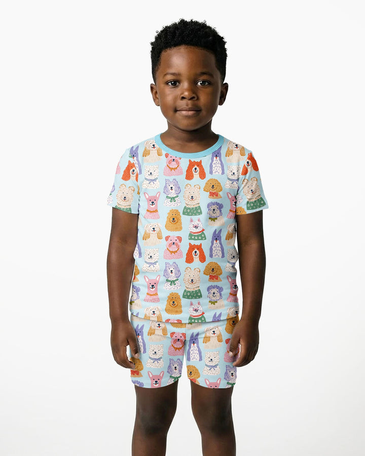 Whimsical Puppy Parade Family Matching Bamboo Two Piece Short Sleeve Shorts Pajama Set