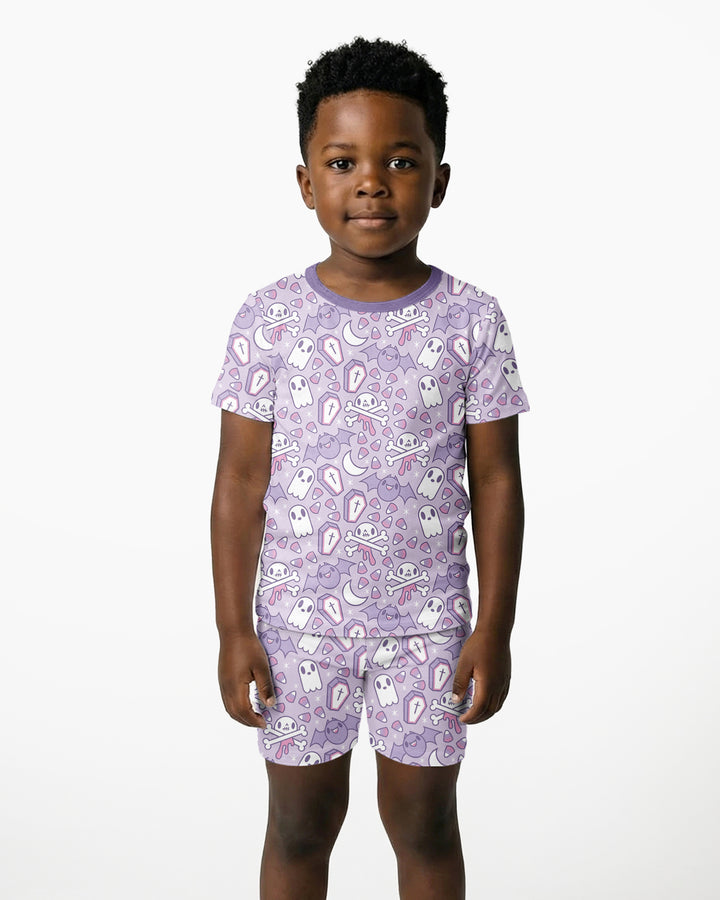 Cute Ghost Halloween Pastel Purple Spooky Bamboo Two Piece Short Sleeve Shorts Pajama Set