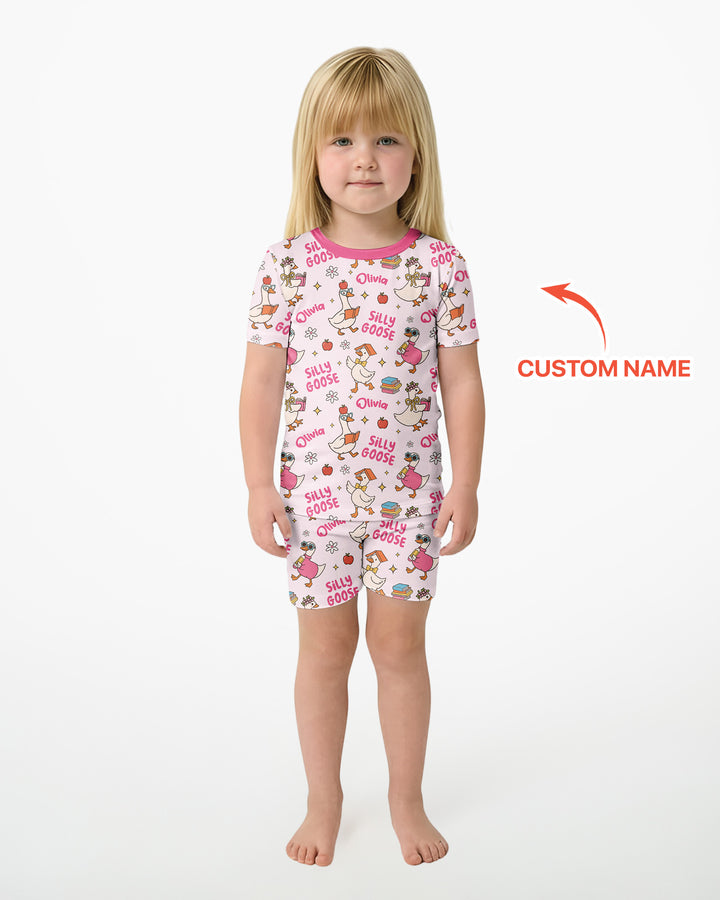 Custom Name Silly Goose Back to School Bamboo Two Piece Short Sleeve Shorts Pajama Set