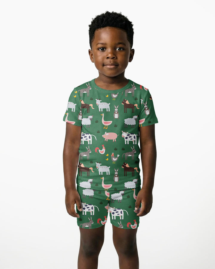 Green Farm Animals Bamboo Two Piece Short Sleeve Shorts Pyjamas Set