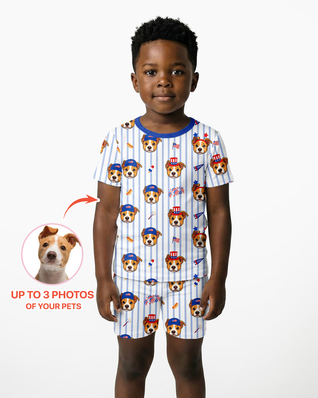 Custom Pet Image 4th of July Family Matching Bamboo Two Piece Short Sleeve Shorts Pajama Set