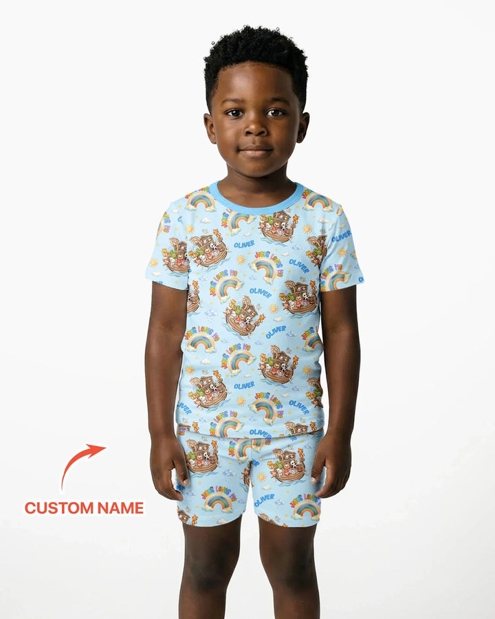 Custom Name Jesus Loves Me Noah's Ark Bamboo Two Piece Short Sleeve Shorts Pajama Set