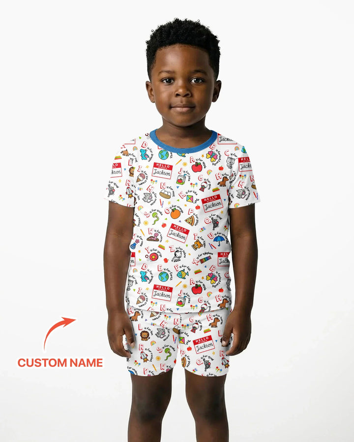 Custom Name Hello School ABCs Bamboo Two Piece Short Sleeve Shorts Pajama Set